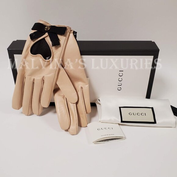 GUCCI GLOVES 477970 BEIGE LEATHER HEART CUT-OUT CAT FELINE HEAD - Picture 5 of 12